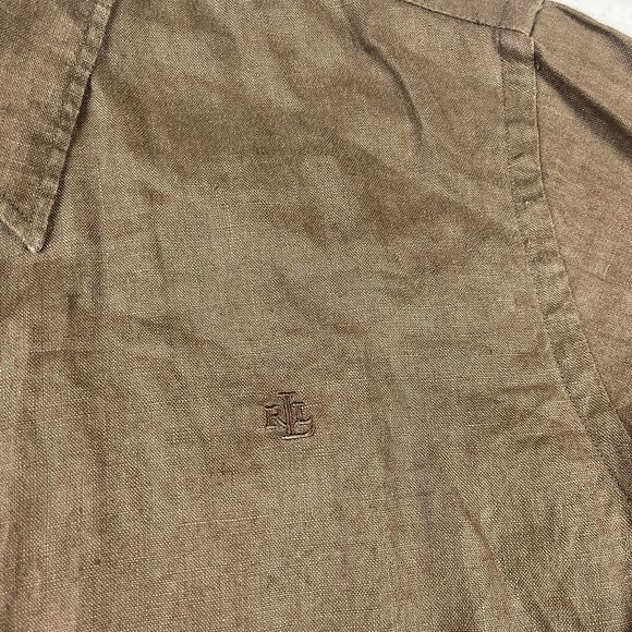 Lauren Ralph Lauren Linen Button Down Shirt Brown Collared Long Sleeve Top PM - Picture 4 of 11